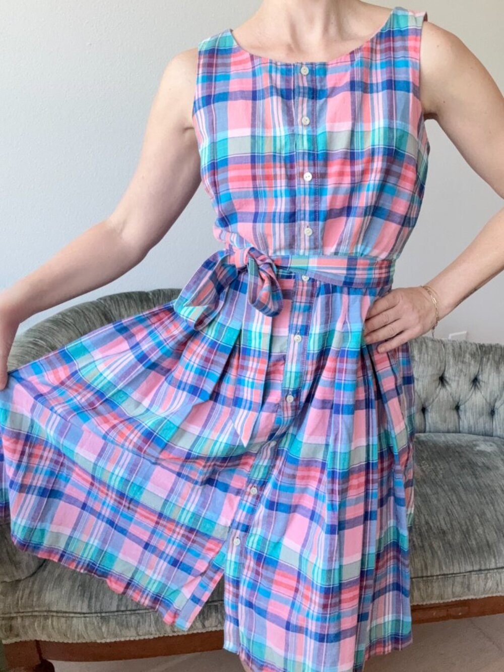 Cotton Madras Plaid Button Front Shirt Dress Small Fit and Flare Pleated Midi 2